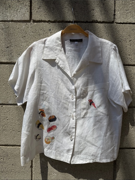 Tops - White Linen Short-Sleeve Button-Up Shirt with Sushi Prints